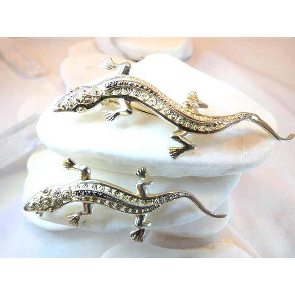 TWO VTG Sterling Silver Real Marcasite Lizard Broochs Filigree Fine Detail - Picture 1 of 5